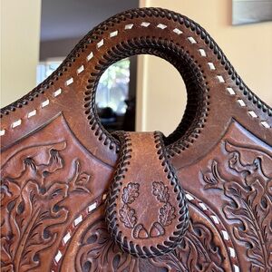 Brown Hand Tooled Buck Stitch Leather Western Handbag